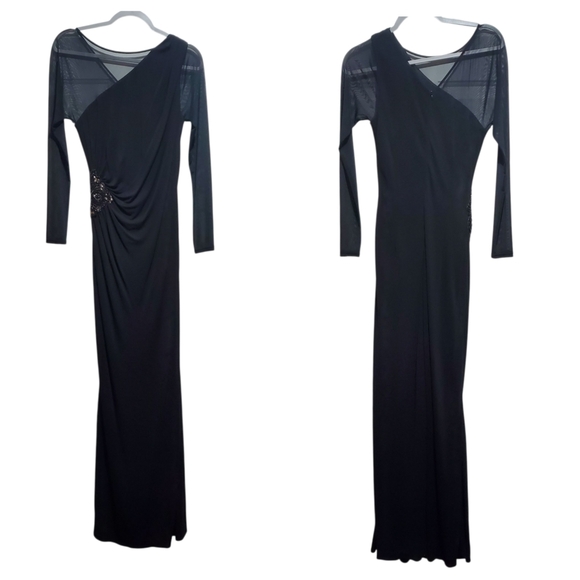 David Meister Long Black Formal Maxi Gown Sheer Sleeves Size 6 Beaded - Picture 1 of 12